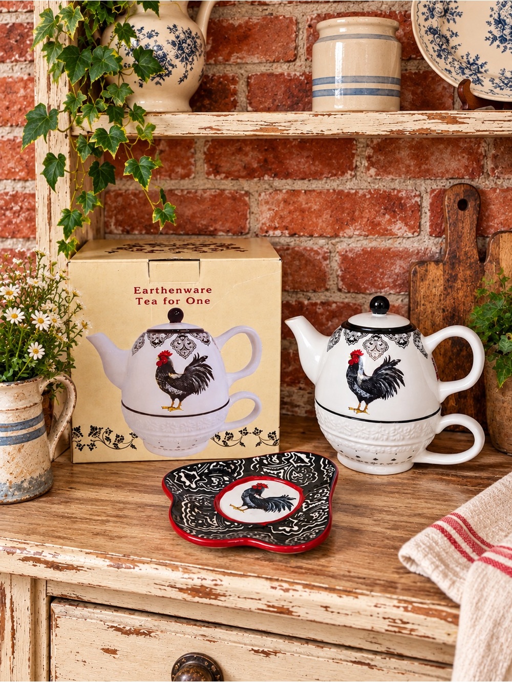 Vintage Cracker Barrel Earthenware Rooster Tea-for-One Set with Black and Red